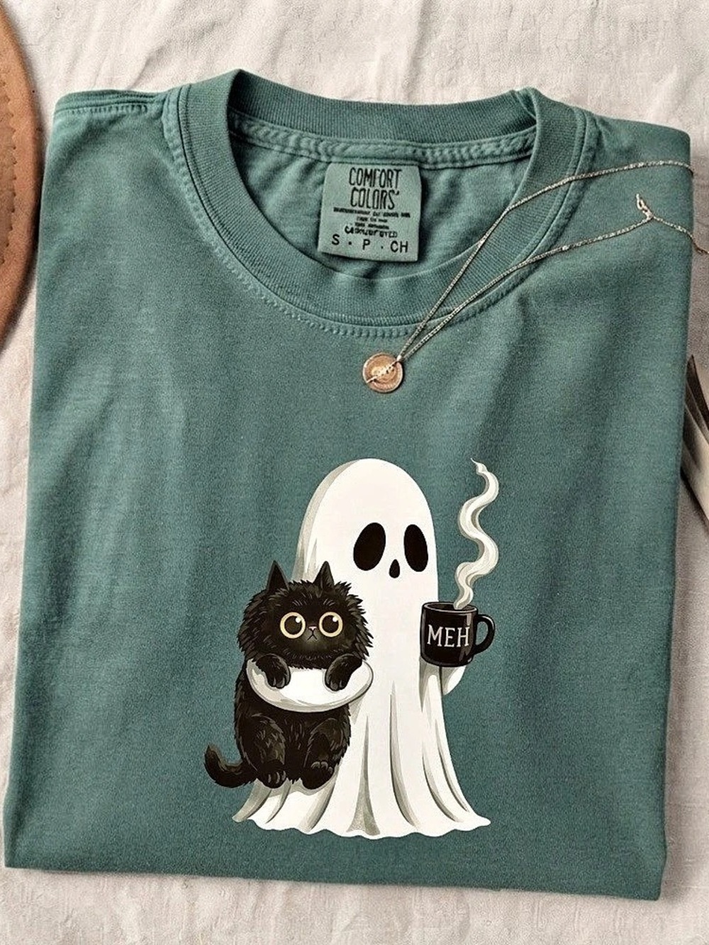 Ghost Drinking Coffee Black Cat Comfort Color T-Shirt Halloween